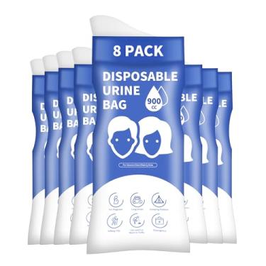 Imagem de YIGOYIHU Sacos de urina descartáveis, 8 peças de sacos de urina para viagens para mulheres e homens, bolsa portátil de 900 ml para mictório de emergência ótima para acampamento, caminhada, viagem