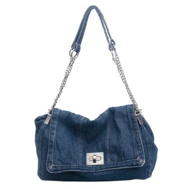Imagem de Bolsa jeans feminina bolsa jeans com corrente ajustável bolsa tiracolo retrô com zíper moderno Hobo bolsa azul marinho