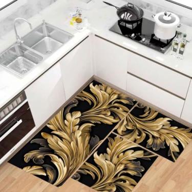 Imagem de Kit Tapete Passadeira de Cozinha Antiderrapante Absorvente (Flores Douradas)