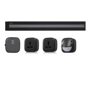Imagem de Tomada de energia de trilho, tomada de trilho móvel para uso doméstico, régua de energia sem perfuração, tomada de interruptor inteligente de cozinha e escritório,Black-40cm