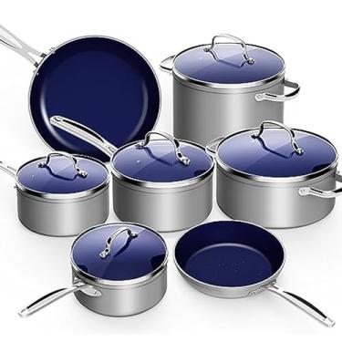 Imagem de Nuwave Conjunto de panelas leves forjadas de 12 peças, revestimento ultra antiaderente de cerâmica Duralon saudável G10, tampas de vidro temperado ventiladas, alças que permanecem frias, prontas para