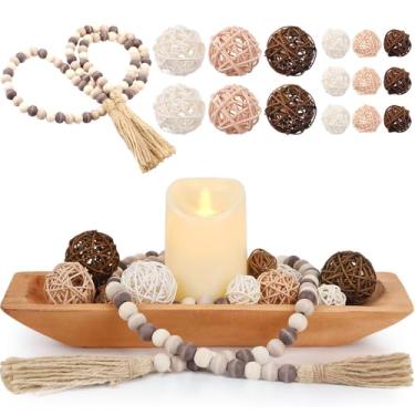 Imagem de Teenyyou 17 peças de centro de mesa de madeira decorações de mesa tigela de massa de madeira bolas de vime de vime contas cordão com borla bandeja decorativa natural tigela rústica enchimento para
