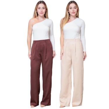 Imagem de Kit 2 Calças Pantalona Feminina de Alfaiataria Lisa com Pregas - Maran