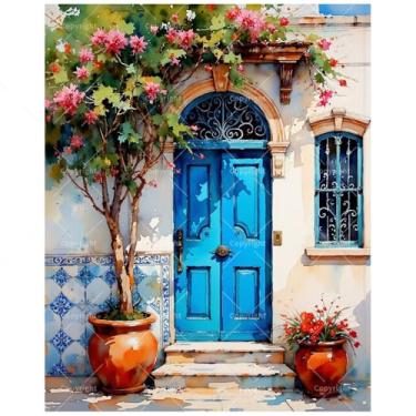 Imagem de Kit de pintura de arquitetura por números para adultos – Porta azul DIY com flores e vasos de argila pintura em tela 40,6 x 50,8 cm, conjunto de tinta acrílica, adequado para iniciantes, arte para