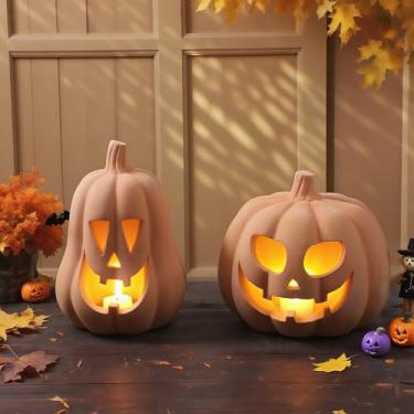 Imagem de Tioncy Pacote com 2 unidades, decoração de abóbora, terracota, argila marrom, abóbora, jack-o-lanterna, suporte para luz de chá de Halloween, casa de fazenda rústica, decoração de casa para mesa