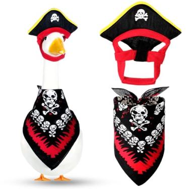 Imagem de Dansydaisy Roupa de Halloween pirata de ganso para varanda de gramado 58,4 cm/43,5 cm estilo pirata com bandana e chapéu, fantasia de cimento e ganso, roupas para decoração de arte de pátio ao ar