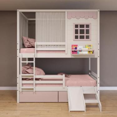 Imagem de Beliche Casinha Reta 02 Gavetas Rosa Grade Removível Escorregador e Co
