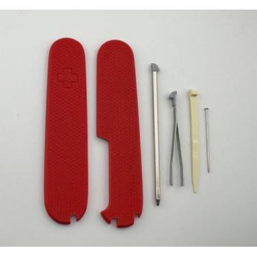 Imagem de Capas de substituição para balanças Victorinox Plus 91 mm Texturizadas G10 alças com palito de dente Pinça Pin e caneta esferográfica (vermelha)