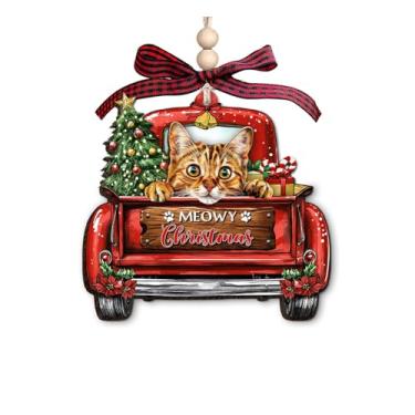 Imagem de Enfeite de Natal de Bengala - Linda decoração de Natal para amantes de gatos - Enfeite de caminhão vermelho de madeira de 3 camadas para donos de animais de estimação - Enfeite de pendurar para árvore