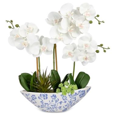 Imagem de Briful Orquídea branca, flores falsas, orquídea artificial, 43 cm, flores de seda em vaso de cerâmica azul e branco, arranjo de orquídeas falsas para casa, escritório, banheiro, mesa de jantar