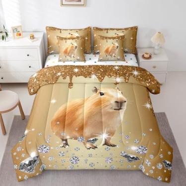 Imagem de Erosebridal Conjunto de cama Capybara 7 peças, conjunto de cama de casal em uma bolsa, arte fluida de lantejoulas marrom, conjunto de cama e edredom de diamante de cristal náutico, criatura costeira,