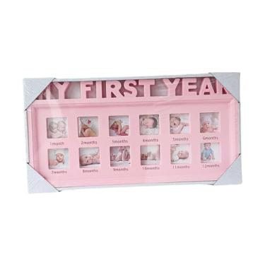 Imagem de WeiLaiKeQi Moldura para fotos do primeiro ano, porta-retratos para recém-nascidos, álbum de mesa, lembrança para berçário, Rosa
