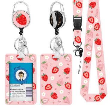 Imagem de Cordões de morango para crachá de identificação, suporte de cartão de identificação com clipe retrátil e chaveiro, capa protetora de crachá de identidade vertical com etiqueta de nome para estudantes