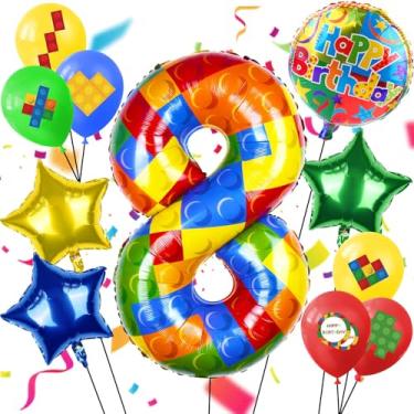 Imagem de Balão numérico de bloco de construção de 101 cm, balões coloridos de bloco de números, balões de hélio grandes com números grandes, para meninas e meninos, decoração de festa com tema de tijolo de 8º