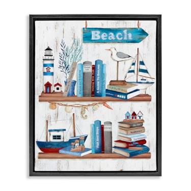 Imagem de Stupell Industries Arte de parede em tela flutuante emoldurada preta Nautical Books on Shelf Design por Emma Leach, 78 x 63 cm