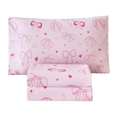 Imagem de WINLIFE Jogo de lençol infantil com laço rosa, tamanho solteiro, 3 peças, lençol de cama infantil com laço rosa e estampa de bolinhas, microfibra macia com bolso profundo