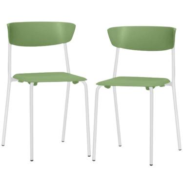 Imagem de Kit 02 Cadeiras Empilhável Fixa F02 Base Aço Branco Verde - Lyam Decor