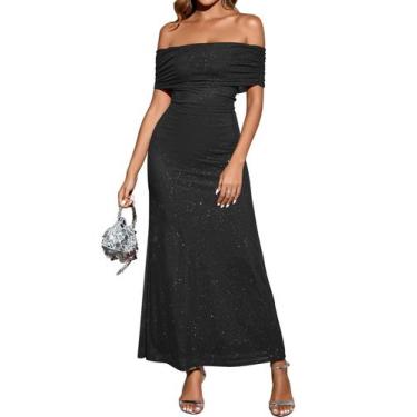 Imagem de Vestido feminino KUTUMAI sem ombros, Bodycon, maxi, preto, lantejoulas
