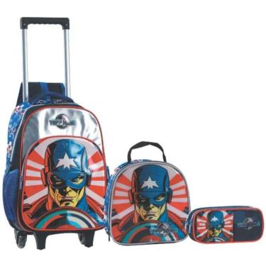 Imagem de Kit Mochila Rodinha Lancheira Escolar Estojo Capitão América