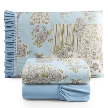 Imagem de Jogo Cama Lençol Fiore Solteiro Estampado 180 Fios 100% Algodão com Babadinho 3 Peças Azul Floral