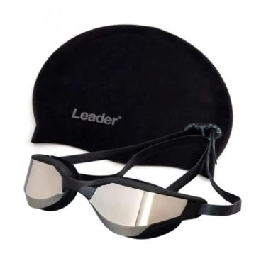 Imagem de Kit Óculos de Natação Speed Pro Espelhado Prateado e Touca de Natação Preta Leader