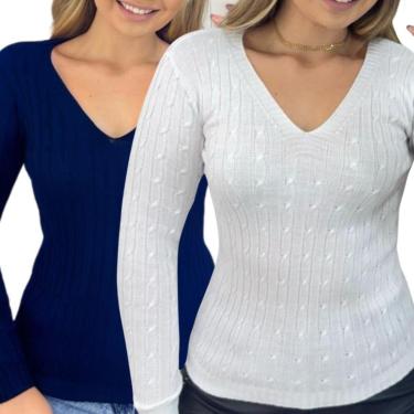 Imagem de Kit 2 Blusas Industrie Femininas Suéter Malha Marinho e Tricô Manga Longa Tamanho:Único;Cor:-Feminino