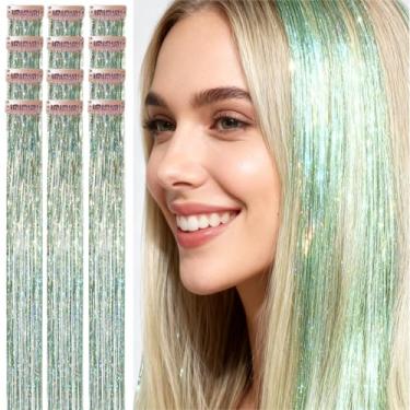Imagem de CelineBella Extensões De Cabelo Com Prendedor, Verde, 80 Fios/Peças, Muito Fofas Para Crianças, Meninas, Cosplay, Festa Natal (Verde Claro, 24" Pacote 12 Peças)