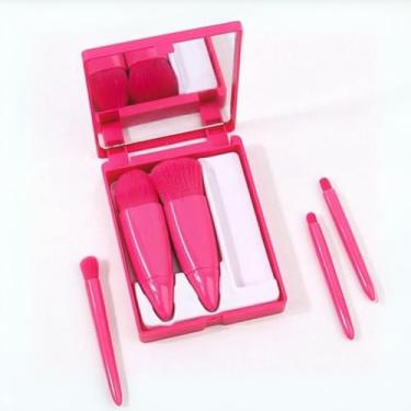 Imagem de Kit de Pincéis de Maquiagem com 5 Peças, Estojo Portátil Rosa com Espelho, Pincéis para Base, Pó, Sombra, Esfumar e Lábios (Rosa)