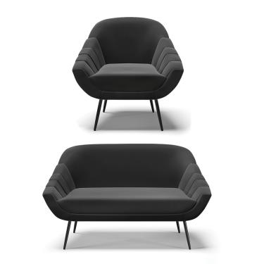 Imagem de Kit 01 Namoradeira 02 Lugares e 01 Poltrona Giovana Suede Preto Pés Palito de Ferro - D'Rossi