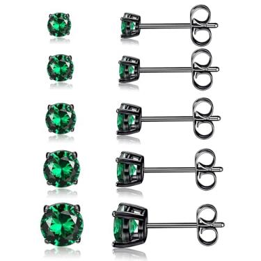 Imagem de MDFUN Conjunto de 5 pares de brincos masculinos banhados a ouro preto de 3 a 7 mm, redondos e quadrados, joias hipoalergênicas femininas, Aço inoxidável, Esmeralda sintética