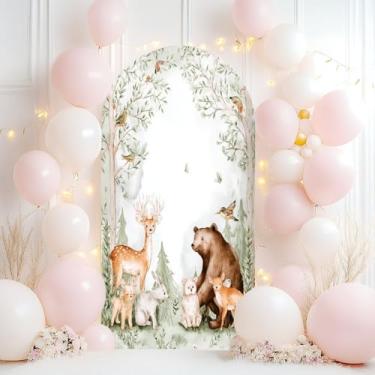Imagem de Capa de fundo de arco de casamento 2,5 m da floresta com desenho animado de animais em aquarela, moldura pré-fabricada para chá de bebê, elastano, capa de arco ajustável para decoração de festa de