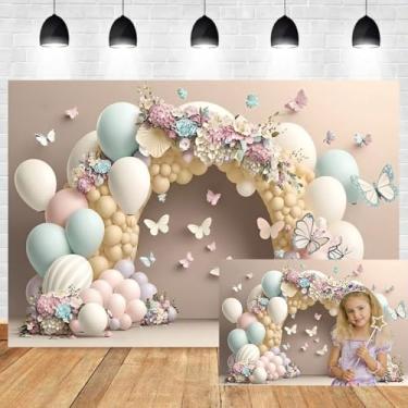 Imagem de Leyiyi Pano de fundo de balão 3D colorido de 3 x 2 m para meninas, decorações de festa de aniversário, papel 3D, flor, borboleta, fotografia, fundo, país das maravilhas floral, arco de balão, kit de