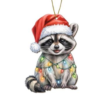 Imagem de Enfeite de Natal de guaxinim 2025 – madeira de álamo, chapéu de Papai Noel e luzes, estampa UV dupla face, presente de Natal para amigos