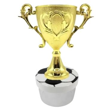 Imagem de Kit Lembrancinha Tema Futebol: Caixinha Acrílica Redonda + Mini Troféu Dourado Decoração Mimos Festa Campeão (10 Taça 10 Caixa Tampa Branca Gravura Bola)