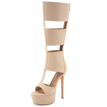 Imagem de Perisis Sandálias gladiadoras plataforma até o joelho para mulheres sexy aberto peep toe salto alto stiletto moda verão vestido festa dança botas com zíper, Poliuretano bege, 39
