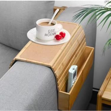 Imagem de Bandeja de apoio de braço de sofá de bambu, bandeja de braço de sofá com bolso lateral de armazenamento e suporte de telefone - bandeja antiderrapante para apoio de braço para sofá, para bebidas