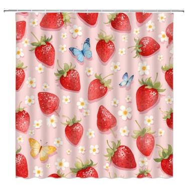 Imagem de Cortina de chuveiro de morango, rosa vermelha fruta floral borboleta poliéster cortina de banheiro com 12 ganchos, 187 x 178 cm