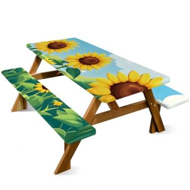 Imagem de ANNA QUEEN Conjunto de capa de mesa de piquenique com girassol de 1,82 m x 76 cm, à prova d'água, banco e toalha de mesa, proteção de móveis para acampamento, praia, churrasco, pátio, quintal