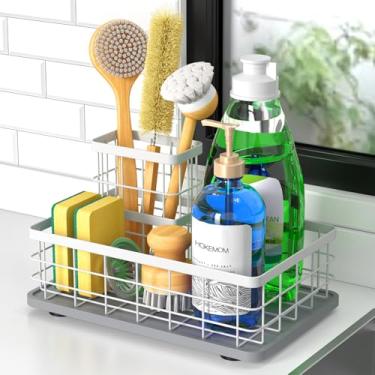 Imagem de HOKEMOM Grande suporte de esponja de tamanho familiar para pia de cozinha com suporte de escova - base antiderrapante sem dreno, aço inoxidável de 2,6 mm com revestimento branco resistente à ferrugem