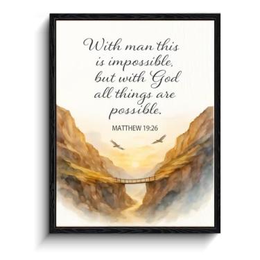 Imagem de Canyon aquarela nascer do sol com ponte, "With God all things are possible" Matthew 19:26 decoração de parede cristã, arte de parede com moldura fosca para casa, presente de confirmação, 20 x 25 cm