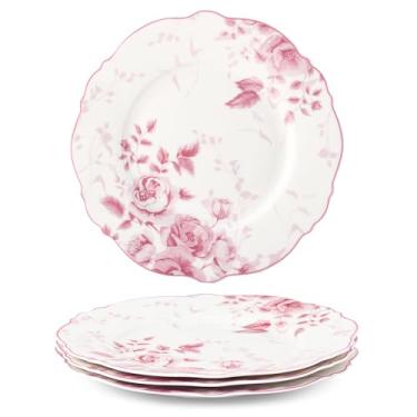 Imagem de fanquare Conjunto de 4 pratos de sobremesa floral rosa de 21 cm de porcelana britânica elegante aperitivo aperitivo pratos de jantar serviço seguro para micro-ondas e lava-louças