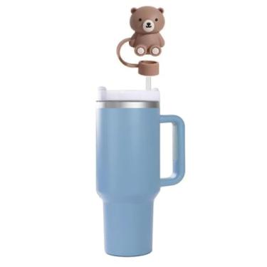 Imagem de Boné de palha de urso marrom, capa fofa de silicone para copo Stanley, canudo à prova de poeira, pontas de canudo reutilizáveis, dispensadores de canudo (HD538)