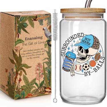Imagem de Enanaimg Funny Boy Mother Baseball Futebol Futebol Basquete Esportes 473 ml Copo de Vidro Presentes para Mãe, Esportes Mamãe Copo de Vidro com Tampas e Palha Presentes para Mulheres Treinadoras