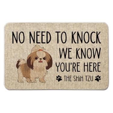 Imagem de QIONG MENG Tapete de porta de cachorro Shih Tzu Capacho de boas-vindas 43 x 68 cm Não há necessidade de bater, sabemos que você está aqui, tapete de entrada, casa de fazenda, casa, cozinha, piso