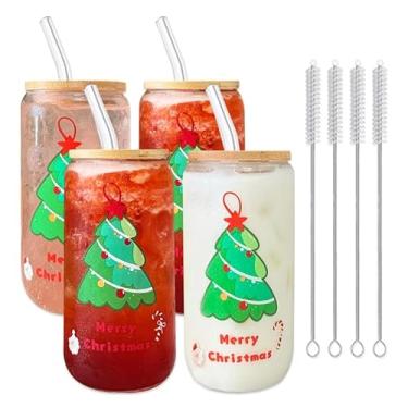 Imagem de anabox Copos de vidro que mudam de cor com tampas e canudos de bambu, copo de vidro de 473 ml para suco de chá e café gelado (copos de Natal, presente de Natal, 4 peças)