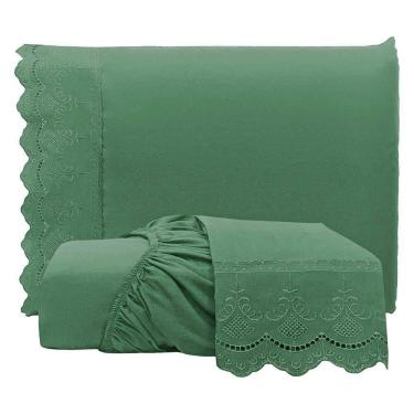 Imagem de Jogo De Lençol Realce Queen 3 Peças Percal 300 Fios Bordado Inglês Macio - Verde - 100% Poliéster