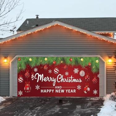 Imagem de Faixa de porta de garagem de Natal Ano Novo Fundo de cobertura de porta de garagem de Natal vermelho 1,8 x 4 m Placa de quintal grande para inverno, interior, exterior, parede, porta, cerca de casa