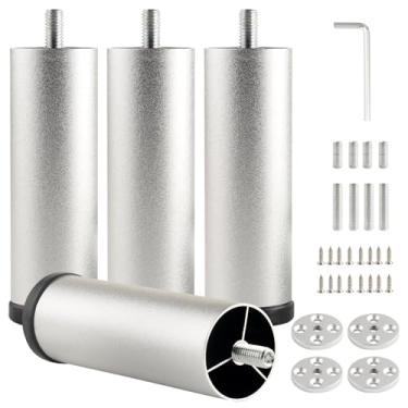 Imagem de funifiti Conjunto de 4 pernas de armário cilíndricas prata 12 cm de liga de alumínio para sofá, cômoda, mesa de cabeceira, suporte de tv e acessórios de substituição de cama de metal para móveis de