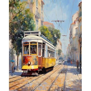 Imagem de WUIVCTR Conjunto de pintura em tela Paint by Numbers, bonde de Lisboa, Portugal, kits de pintura por números para adultos em tela, pintura de desenho com pincéis, 40 x 50 cm