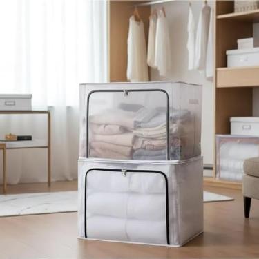 Imagem de Kit com 2 Caixas Organizadora Dobrável Roupas Acessórios Caixa Transparente Zíper Material Impermeável 66L 49x39x32cm Empilhável Resistente Estrutura Reforçada Edredom Toalhas Cobertores Enxoval